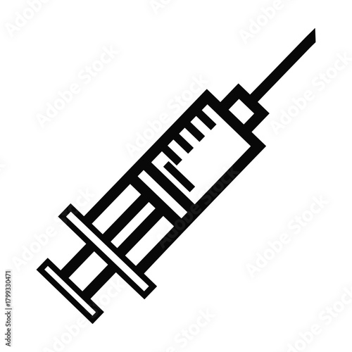 Simple black and white line art illustration of a medical syringe with needle and plunger isolated on white background