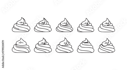Ten hand drawn swirl ice cream cones in a simple silhouette style