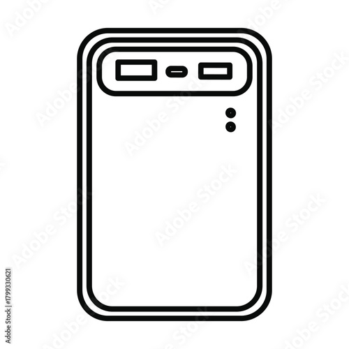 Simple outline illustration of a modern portable power bank with charging ports and indicator lights on a white background