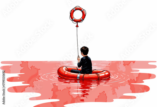 A boy sits alone on a red inflatable ring holding a life preserver, symbolizing hope and resilience amidst turbulent waters.