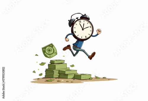 Cartoon depiction of time as a person with an alarm clock head running atop stacks of money signifying time equals money concept
