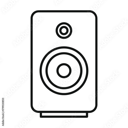 Minimalist outline drawing of a modern audio speaker with two drivers for sound reproduction and music listening