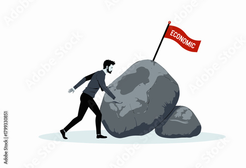 Man Pushing Large Rock Uphill Towards Economic Goal Symbolized by Flag in Metaphor for Struggle Perseverance Success Overcoming Challenges Resilience