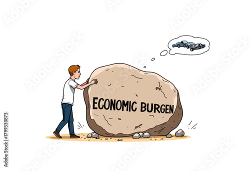 Illustration of a Person Pushing a Large Boulder Labeled Economic Burden While Dreaming of a Car in Thought Bubble