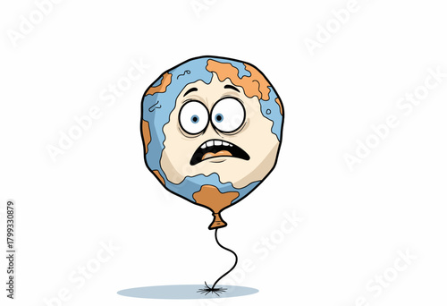 Cartoon Illustration of an Inflated Earth Balloon with a Distressed Expression Floating Above a Shadowed Ground Symbolizing Environmental Concerns and Global Issues