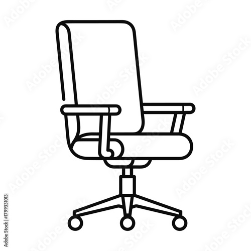 Simple outline drawing of a modern office chair with wheels and armrests on a white background