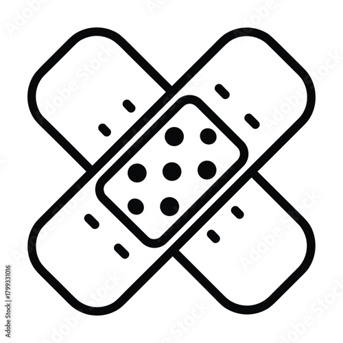 Simple outline icon of two crossed adhesive bandages with a central pad symbolizing first aid and healing