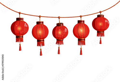 A charming display of traditional red lanterns glowing warmly on a string, symbolizing celebration and cultural heritage in festive decor