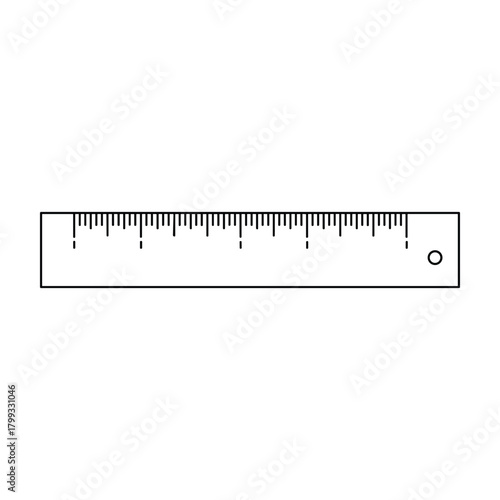 Simple black and white line art illustration of a classic wooden ruler with clear measurement markings and a small hole