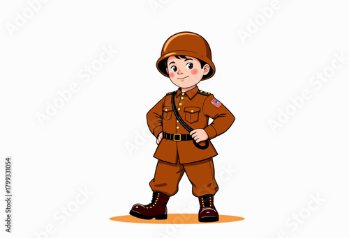Illustration of a Young Cartoon Soldier in Uniform Standing Confidently with a Helmet and Boots on a Clear White Background