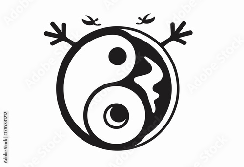 Whimsical Yin Yang Design Blending Harmony and Playfulness with Simplistic Black and White Elements and Abstract Symbols