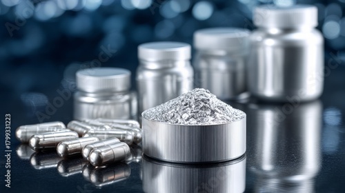 Wallpaper Mural Silver supplement bottles and capsules on reflective black background with powdered ingredient display Torontodigital.ca