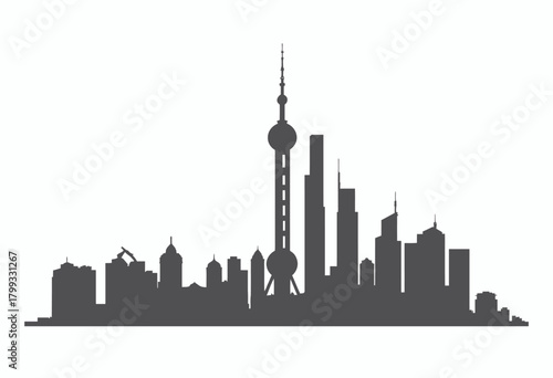 Silhouette of a Modern Urban Skyline Featuring Prominent Tall Skyscrapers and Iconic Tower Structure Against a Minimalist White Background