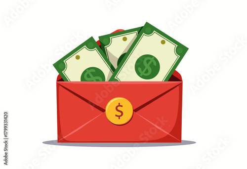 Red Envelope Filled with Abundant Green Dollar Bills Representing Prosperity, Financial Success, and Monetary Gifts in a Symbolic Artistic Illustration