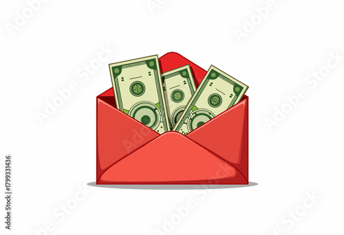 Illustration of a Red Envelope Overflowing with Dollar Bills, Symbolizing Wealth, Cash Gifts, or Financial Transactions in a Simple Artistic Style