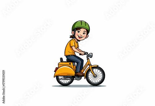 Illustration of a Young Boy Riding a Yellow Bicycle Wearing a Green Helmet and Orange Shirt on a White Background, Smiling and Enjoying the Ride
