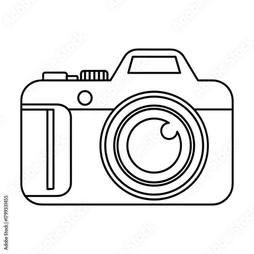 Simple outline drawing of a classic dslr camera with a lens and viewfinder for photography and creative concepts