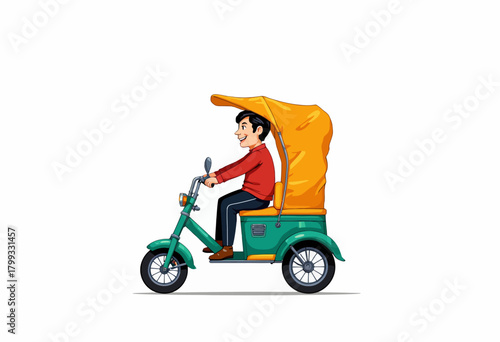 Illustration of a man riding a vibrant green and orange electric rickshaw with a yellow canopy on a white background