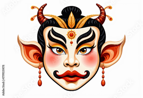 Vibrant and intricate digital illustration depicting a stylized fantasy mask blending human and mythical features with horns, large ears, intricate patterns, and bold makeup