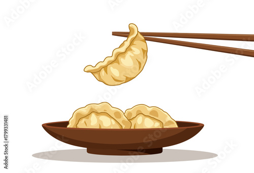 Illustration of Delicious Golden Fried Dumplings Hovering Between Chopsticks and Ceramic Plate in Minimalistic Style