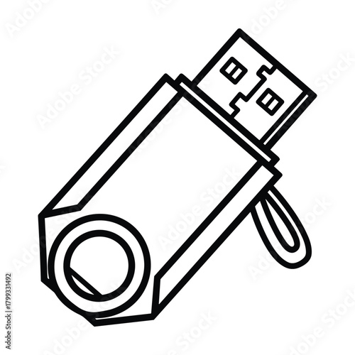 Simple hand drawn outline illustration of a portable usb flash drive with a loop for a lanyard or keychain on a white background