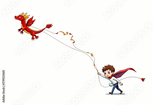 Whimsical Adventure of a Boy Flying a Vibrant Red Dragon Kite with Flames Gliding Through a Clear Blue Sky
