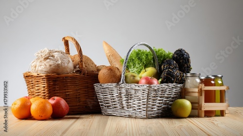 Fototapeta Naklejka Na Ścianę i Meble -  Wicker basket filled with fresh fruits and groceries on light wooden table