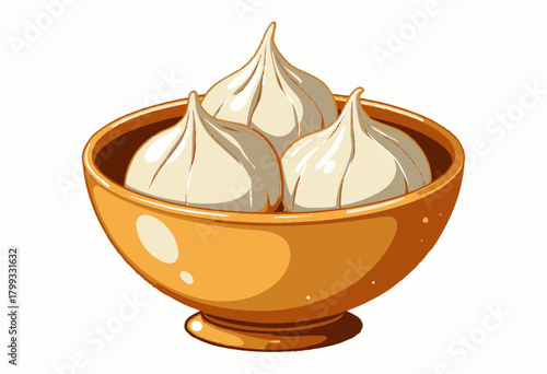 Illustration of Three Steamed Dumplings with Pleated Tops in a Warm Orange Bowl on a White Background