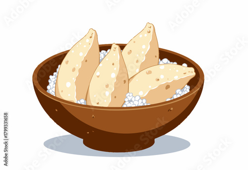 Illustration of a Wooden Bowl Filled with Deliciously Cooked Yams Garnished with Small White Toppings on a Clean White Background