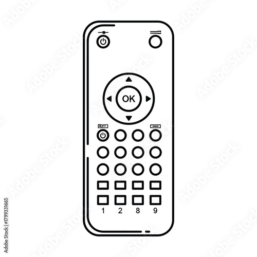 Simple hand drawn outline of a television remote control with buttons and directional pad on a white background