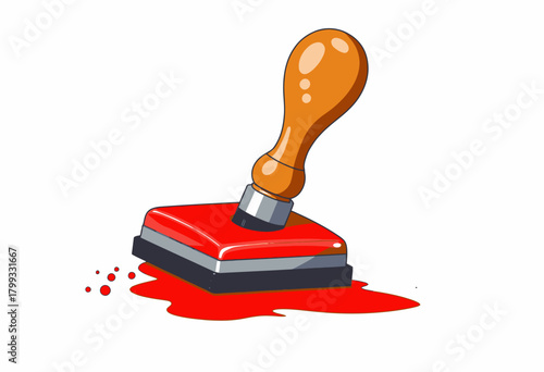 Illustration of a Classic Rubber Stamp with a Wooden Handle and Red Ink Nearby, Emphasizing Traditional Office Stationery and Sealing Tools