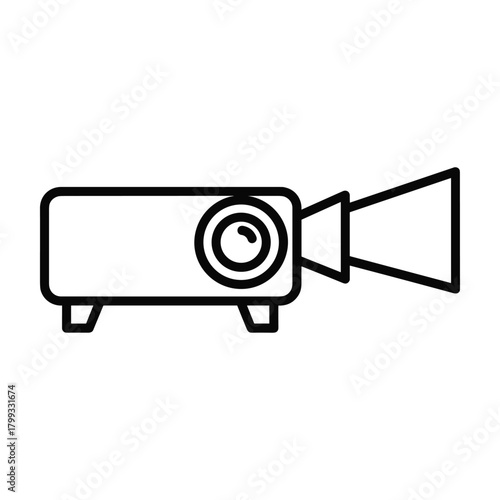 Simple outline icon of a digital projector with a lens and light beam ready for presentation or entertainment