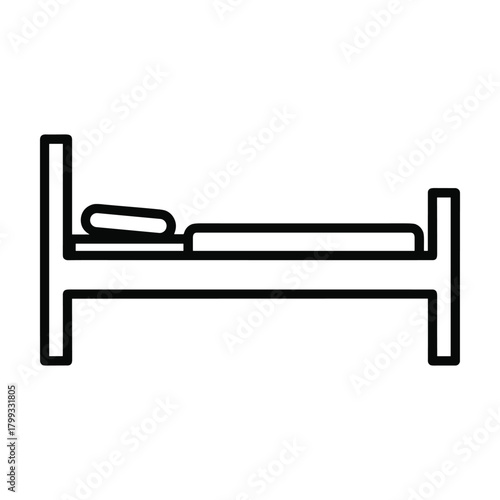Simple line art icon of a bed with pillow and blanket representing sleep rest and comfort