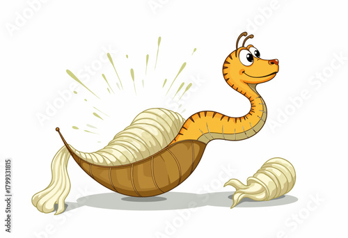 Cartoonish depiction of a whimsical hybrid creature resembling a tiger slug emerging from a brown egg with expressive eyes and joyful demeanor