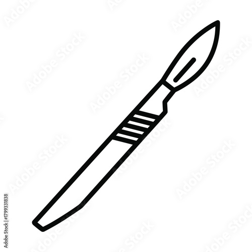 Simple hand drawn line art illustration of a surgical scalpel with a sharp blade and textured handle