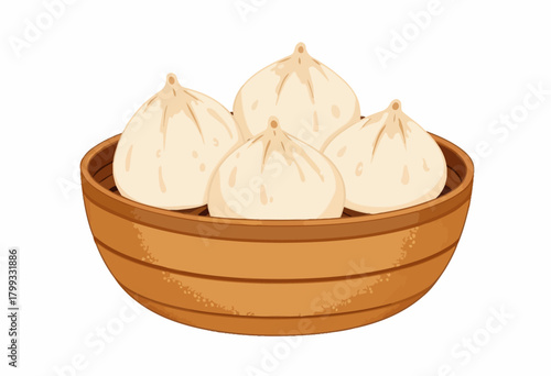 Illustration of Four Steaming Dumplings in a Traditional Wooden Bamboo Basket on a Clean White Background
