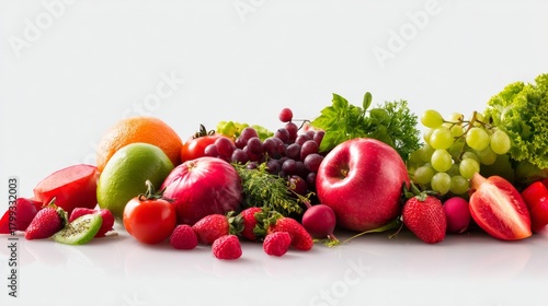 Fototapeta Naklejka Na Ścianę i Meble -  Variety of fresh fruits including apples, berries and citrus on white surface