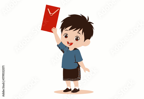 Illustration of a Happy Child Holding a Red Envelope Up High While Smiling Cheerfully in a Casual Outfit, Celebrating a Festive or Cultural Occasion