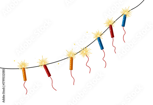 Vibrant String of Colorful Firecrackers Bursting with Sparkles Hanging from a Line Against White Background