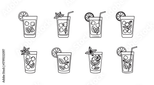 Collection of tall glasses filled with ice and garnishes silhouette