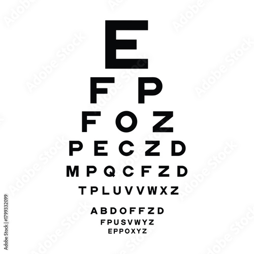 Classic black and white eye chart with large letters for vision testing and eye examination in a medical clinic