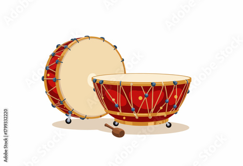 Illustration of a Vibrant Red and Gold Timpani Drum Set with Sticks on a White Background Showcasing Traditional Percussion Instruments
