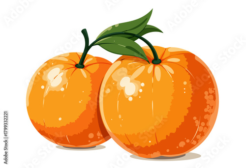 Illustrated depiction of two ripe juicy oranges with vibrant colors and green leaves showcasing the refreshing essence of tropical fruits against a bright background