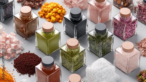 Fototapeta Naklejka Na Ścianę i Meble -  Assorted spice jars and herbs displayed on neutral background with variety of colors