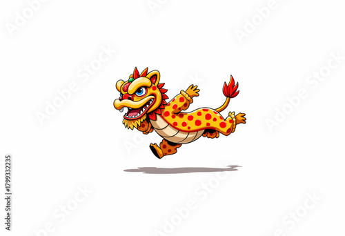 Colorful Cartoon Character in Vibrant Dragon Costume Joyfully Leaping Against a Minimalistic White Background