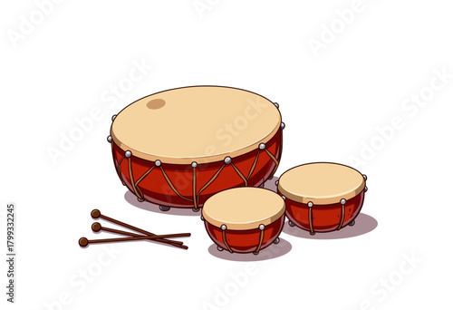 Illustration of Three Drums with Mallets on a White Background Showcasing Traditional Percussion Instruments in Varying Sizes and Brown Tones
