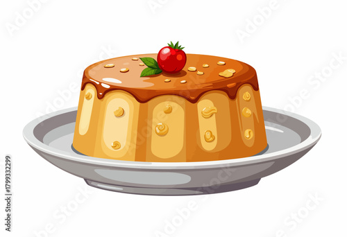 Illustration of a delicious caramel pudding dessert topped with a small red berry on a white plate, highlighting its rich and creamy texture ideal for sweets lovers