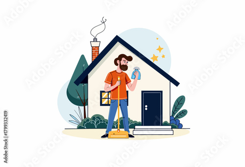Illustration of a Bearded Man Performing Home Maintenance with Tools Outside a Charming House with Smoke Coming from the Chimney