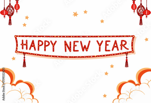 Festive Happy New Year Greeting with Decorative Red Lanterns and Cloud Patterns on White Background Celebrating the Start of a Joyful and Prosperous Year