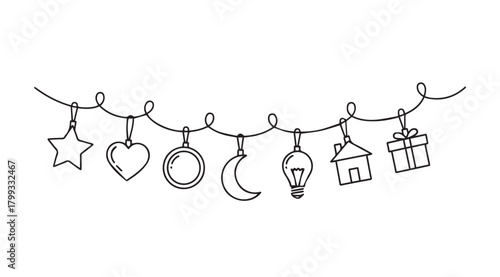 Whimsical hand drawn silhouette garland of festive ornaments and symbols